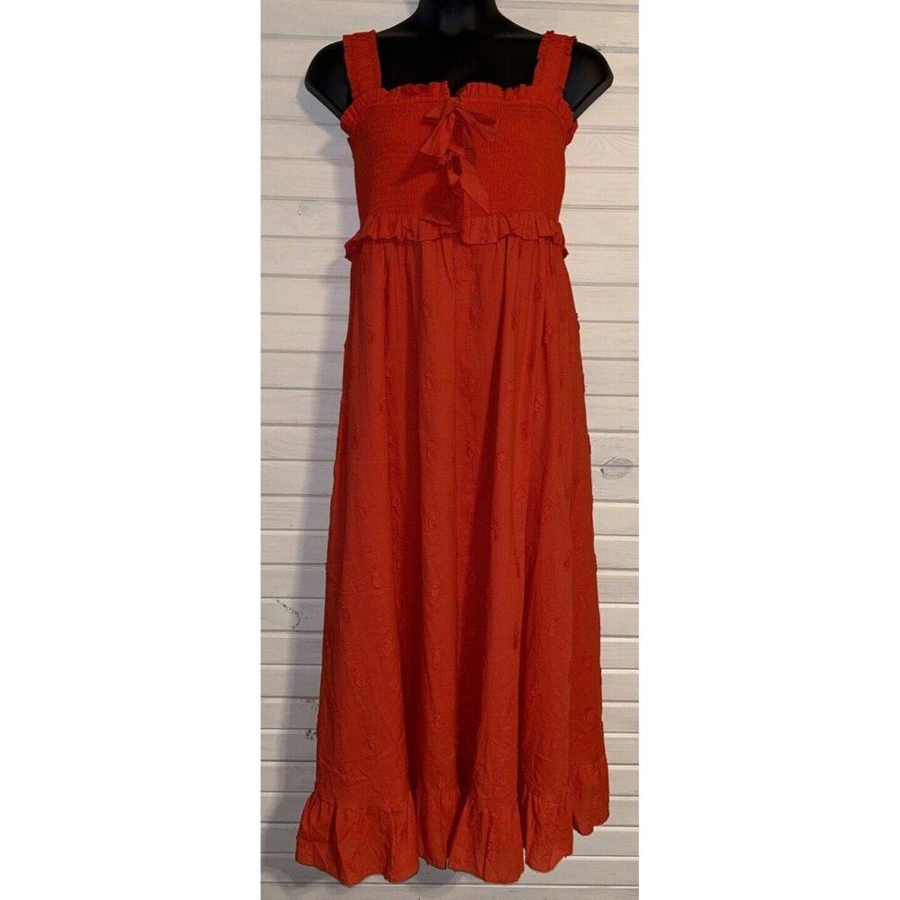 NWT FARM RIO Sz XL Red Pineapple Embroidered Smocked Bow Tie Ruffle Maxi Dress - Picture 1 of 12